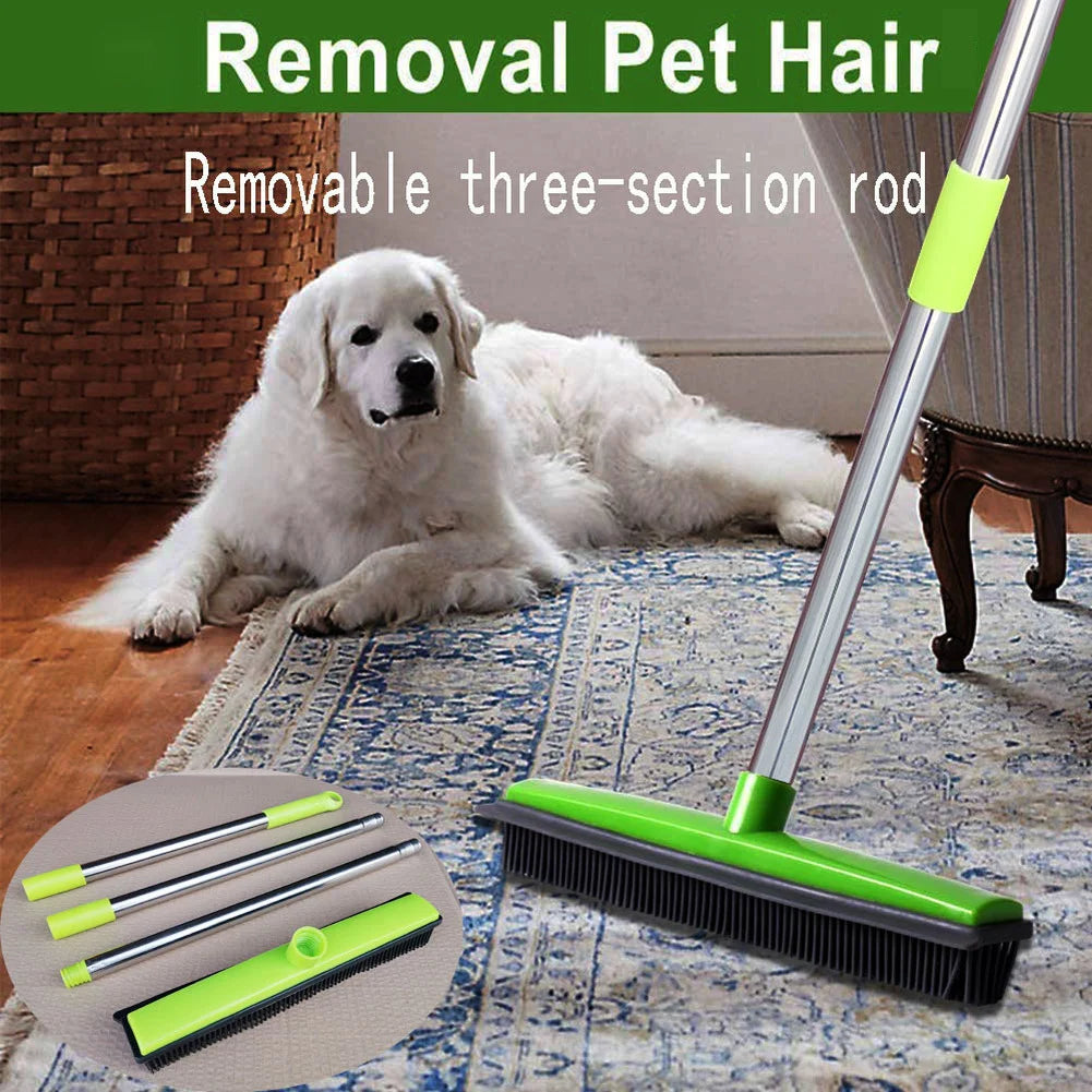 Pet Hair Removal Rubber Broom with Squeegee - Effortless Carpet and Floor Cleaning for all Pet Hair